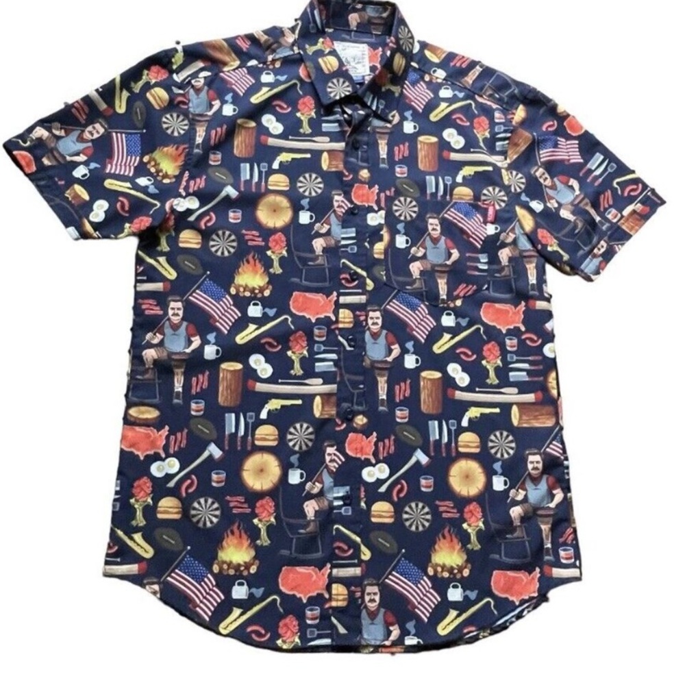 RSVLTS Parks and Recreation Button Shirt Ron Swanson Pawnee Size L